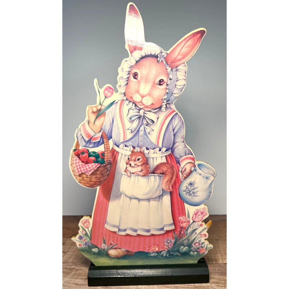 Vintage Bunny Figurine With Squirrel Apron & Basket Of Fruit Wood Stand-Up Decor